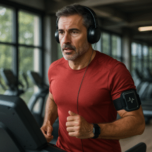 Hombre adulto haciendo ejercicio en caminadora con monitor cardíaco, representando actividad física para mejorar la salud del corazón.